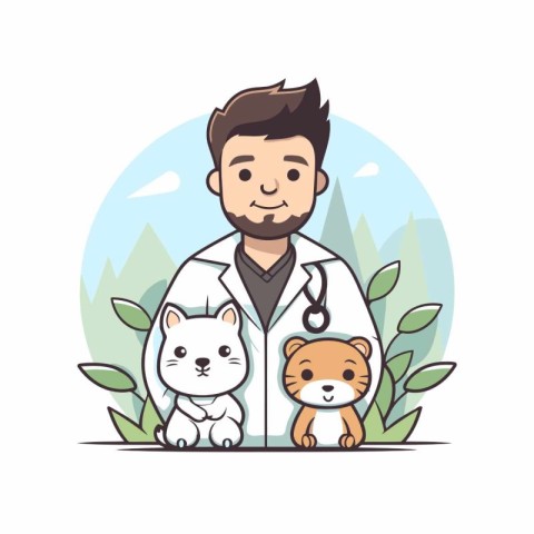 Veterinarian with cat and dog. Vector illustration in cartoon st