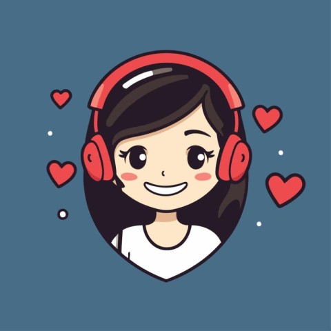 Cute girl with headphones in the shape of a heart. Vector illust