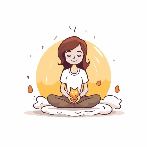 Cute little girl sitting in lotus position and meditating. Vecto