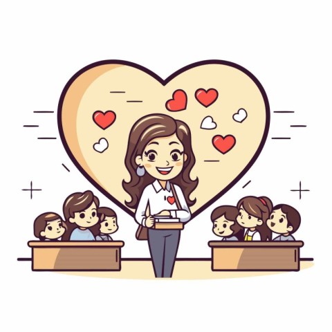 Illustration of a teacher in a classroom with children and a hea