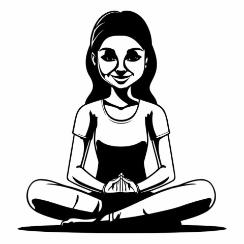 Beautiful girl sitting in lotus position. Black and white vector