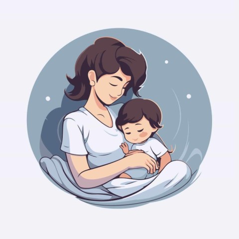 Mother and baby in the bed. Vector illustration in cartoon style