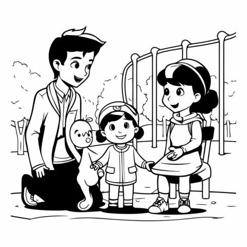 Family playing with a dog in the park. black and white vector il