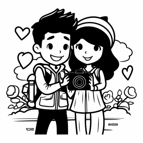 couple in love with camera. black and white vector illustration