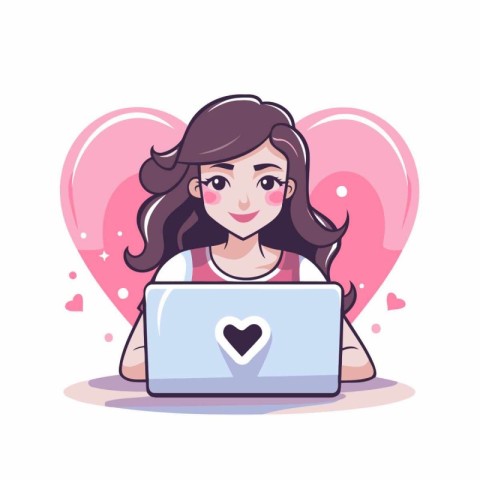 Cute girl with a laptop. Vector illustration in cartoon style.