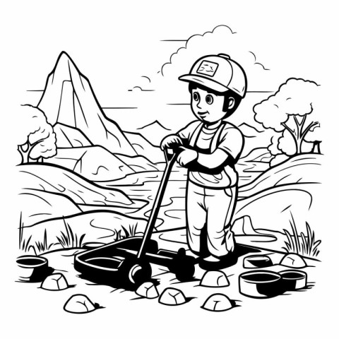 illustration of a boy in a helmet with a lawn mower