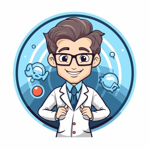 Funny cartoon man scientist in lab coat and glasses. Vector illu