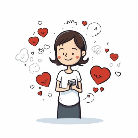 Young woman with mobile phone and hearts around her. Vector illu