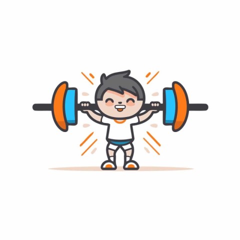 Little boy doing exercises with barbell. Flat style vector illus