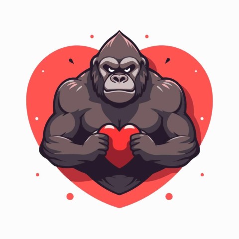 Gorilla holding red heart. Vector illustration in cartoon style.