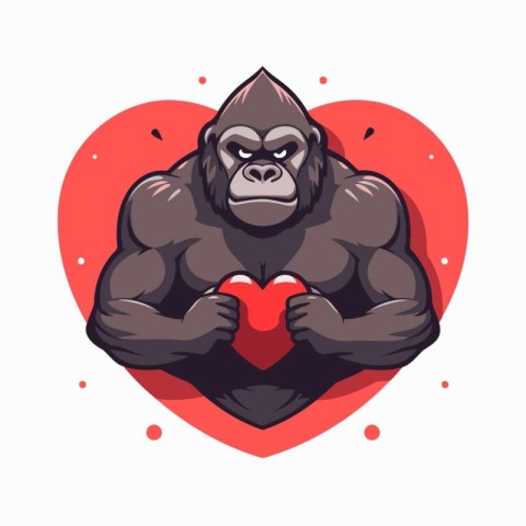 Gorilla holding red heart. Vector illustration in cartoon style.