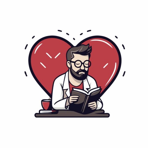 Vector illustration of a male doctor reading a book with a red h