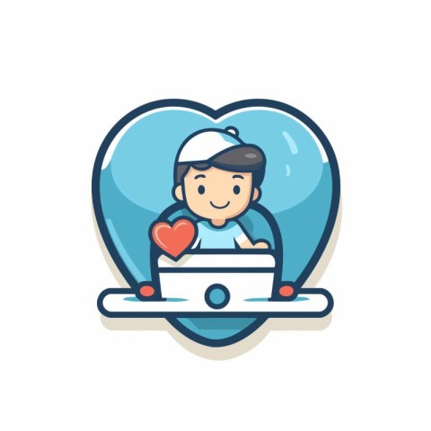 Cute boy with laptop and heart icon. Vector illustration in cart