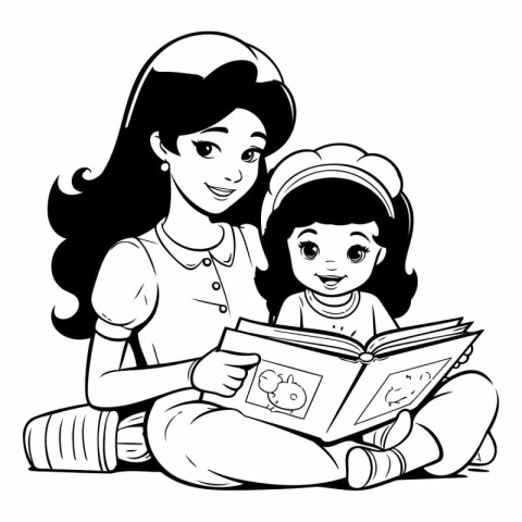 Mother and daughter reading a book together. Black and white vec