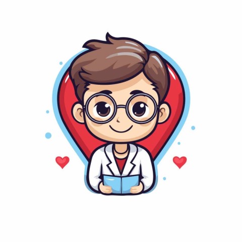 Cute boy cartoon character with heart and glasses. Vector illust