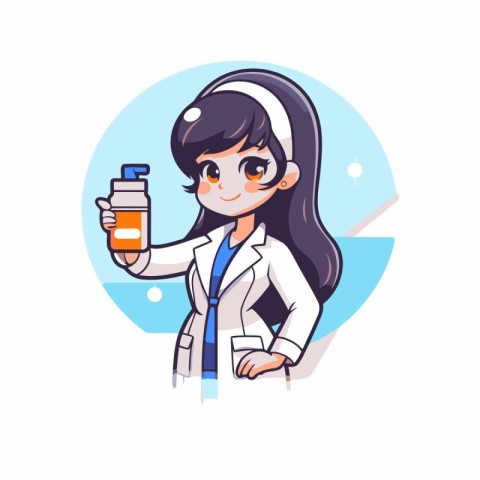 Scientist girl with bottle of water. Vector illustration in cart