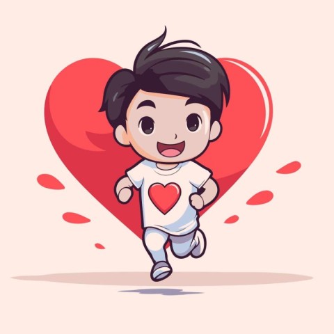 Cute boy running with heart. Vector illustration. Cartoon style.