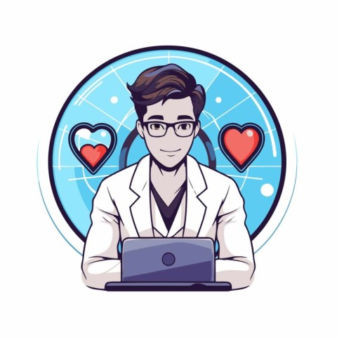 Doctor with laptop computer and heart icon. Medical and healthca