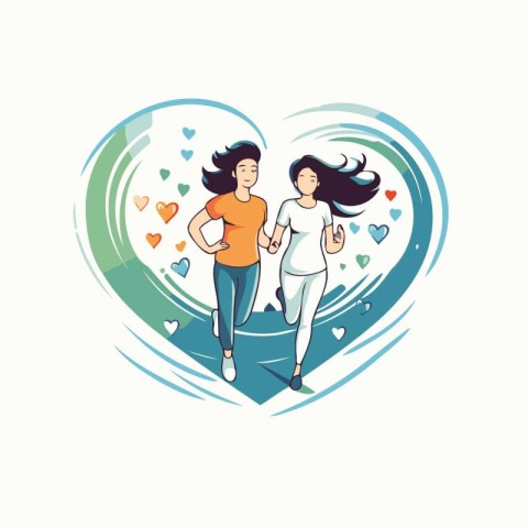 Couple running in the heart shape. Vector illustration in cartoo