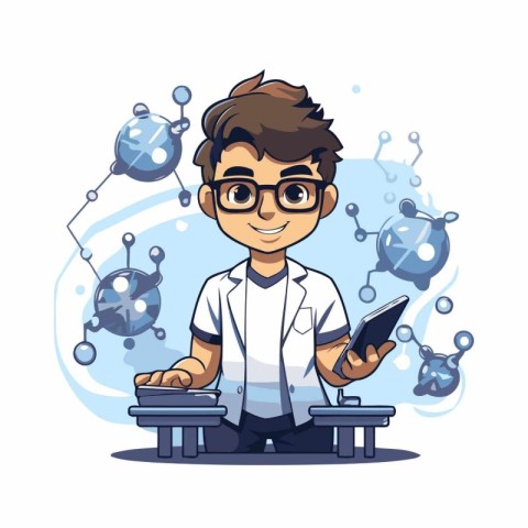 Scientist boy cartoon character with science equipment vector il