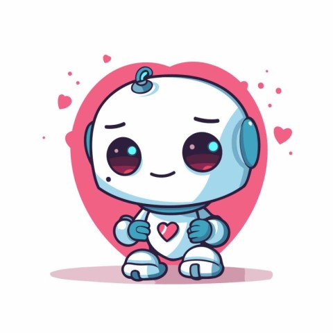 Cute robot with headphones and hearts. Vector flat cartoon chara