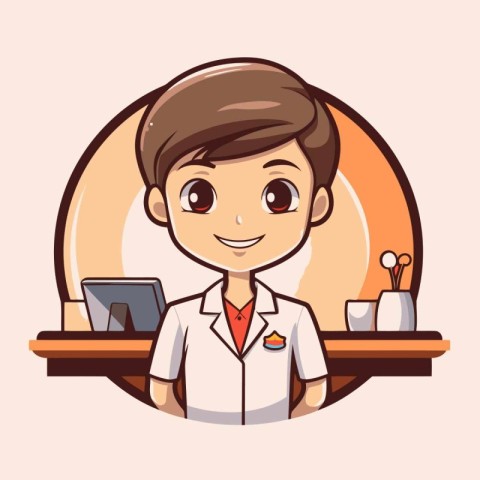 Cute little boy in a lab coat with a laptop. Vector illustration