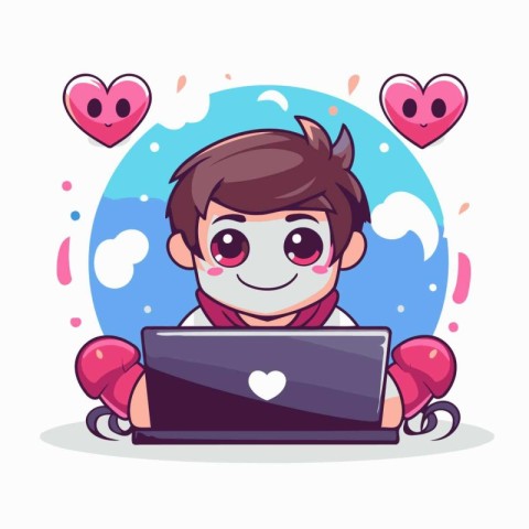 Cute boy using laptop computer with hearts around him. Vector il