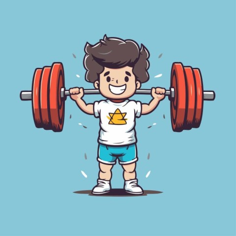 Cartoon boy lifting a barbell. Vector illustration. Sport theme.