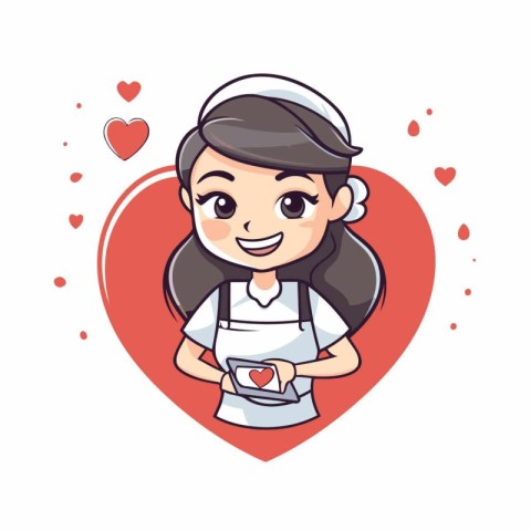 Cute girl chef cartoon with heart. Vector illustration in flat s