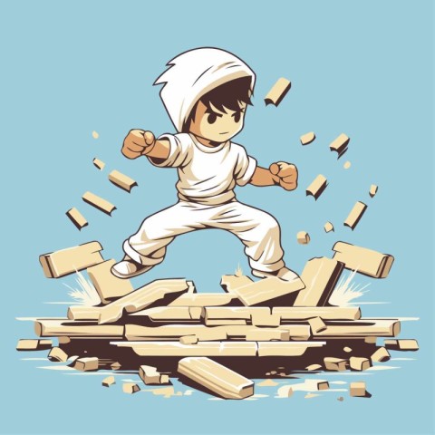 Karate boy on the background of broken bricks. Vector illustrati