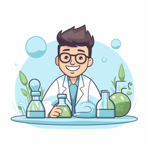 Vector illustration of a male scientist in a laboratory. Cartoon