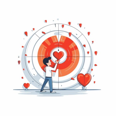 Vector illustration of a man looking at a target with red hearts