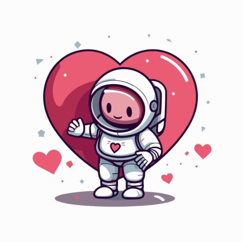 Cute astronaut in love with red heart. Vector cartoon illustrati