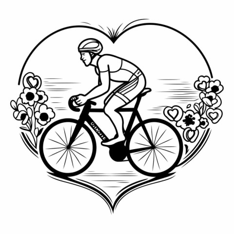 Cyclist with flowers in the shape of heart. Vector illustration.