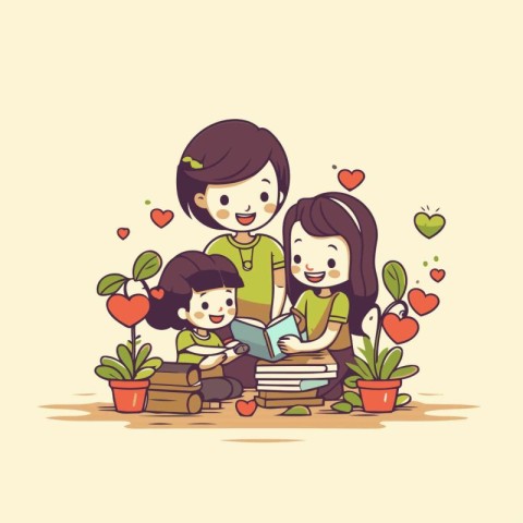 Mother reading a book to her children. Cute cartoon vector illus