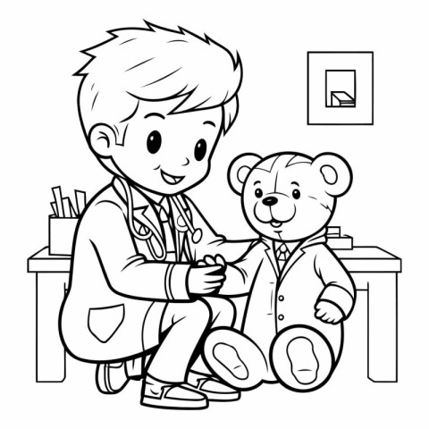 Vector illustration of a doctor examining a teddy bear. Coloring