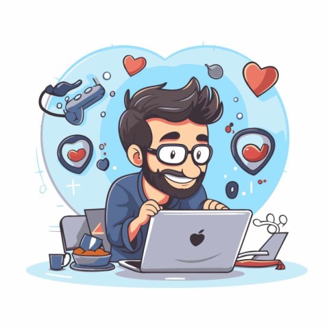 Vector illustration of a man with a beard and glasses working on