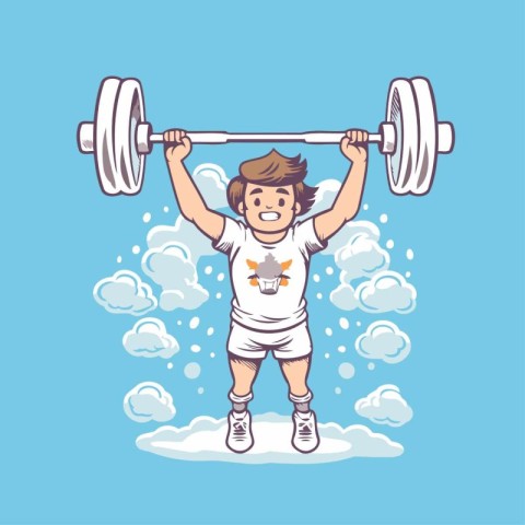 Fitness boy lifting a barbell in the sky. Vector illustration.