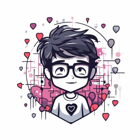 Cute boy with glasses and hearts around him. Vector illustration