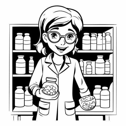 Woman pharmacist holding a jar with pills. Black and white vecto