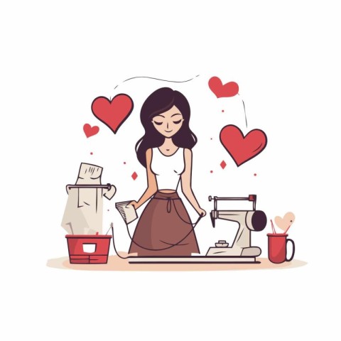 Young woman sewing at home. Vector illustration in flat cartoon