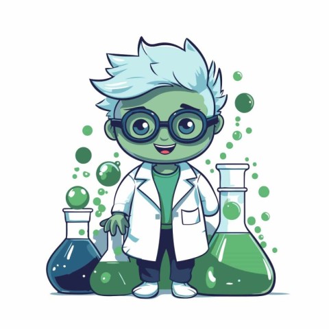 Cute cartoon boy scientist with chemical flasks. Vector illustra