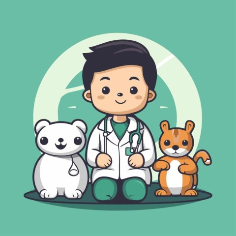 Veterinarian doctor with dog and bear. Vector illustration in ca