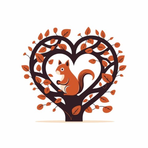 Squirrel sitting on a tree in the form of heart. Vector illustra