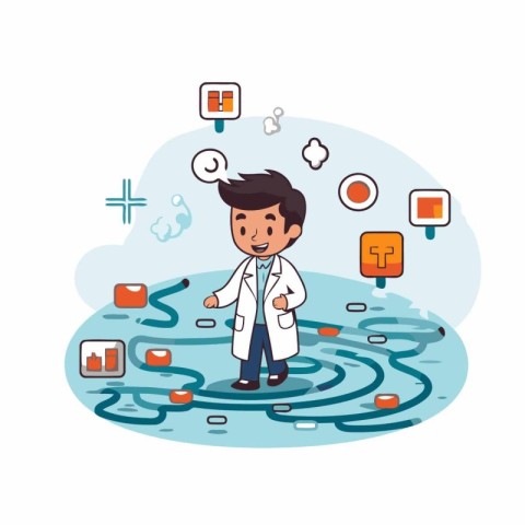 Vector illustration of a boy in a lab coat walking through a pud