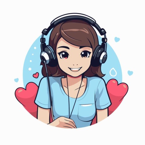 Beautiful girl listening to music with headphones. Vector cartoo