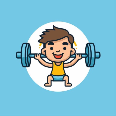 Fitness boy doing exercises with barbell. Flat design vector ill