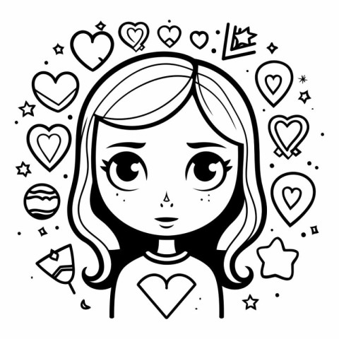 cute little girl with hearts and stars around her vector illustr