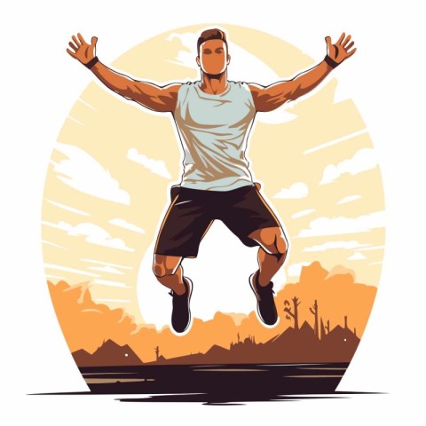 Vector illustration of a young man jumping on the road in the pa