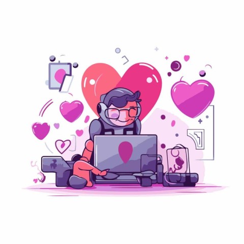 Valentine's day concept. Cute boy in love with laptop. Vector il